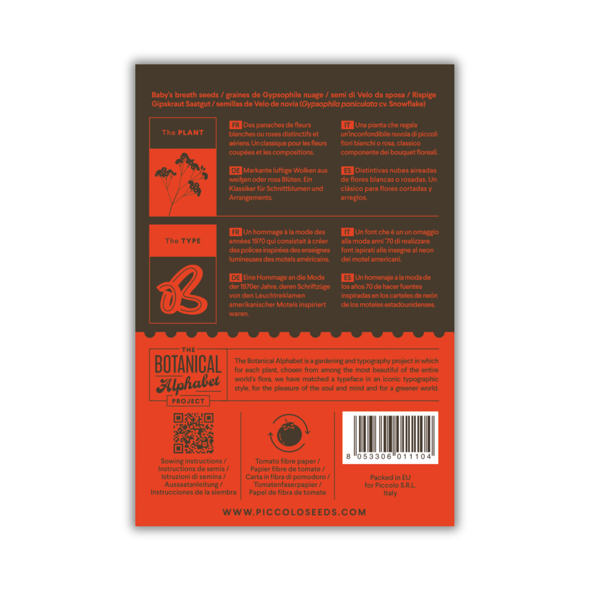 Rückseite von Piccolo Seeds – B – Der Atem des Babys von Piccolo Seeds mit Pflanzanleitung, botanischer Illustration, Schnittblumeninformationen und Details zum Botanical Alphabet Project in Englisch, Französisch, Italienisch, Spanisch und Deutsch. Inklusive QR-Code.
