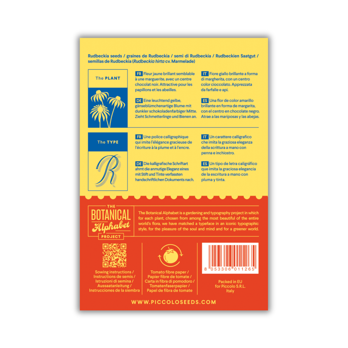 Auf der Rückseite der Packung Piccolo Seeds - R - Rudbeckia von Piccolo Seeds befinden sich botanische Illustrationen, Pflanzangaben in Englisch, Französisch, Deutsch und Spanisch in Kalligraphie sowie ein Barcode, ein QR-Code und Informationen zum Botanischen Alphabet-Projekt.