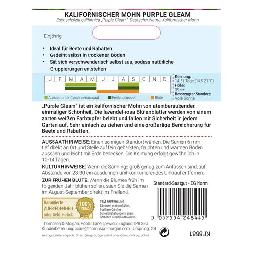 Rückseite einer Saatgutpackung von Thompson&Morgan Kalifornischer Mohn 'Purple Gleam' mit deutschen Pflanzanweisungen, Pflegetipps, einem farbkodierten Aussaat- und Blühkalender und einem Strichcode in der rechten unteren Ecke.