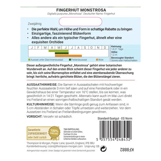 Rückseite einer Thompson&Morgan Fingerhut 'Monstrosa' Saatgutpackung mit Pflanz- und Pflegeanleitung, saisonaler Pflanztabelle, besonderen Merkmalen und Barcode am Boden. Der gesamte Text ist auf Deutsch.