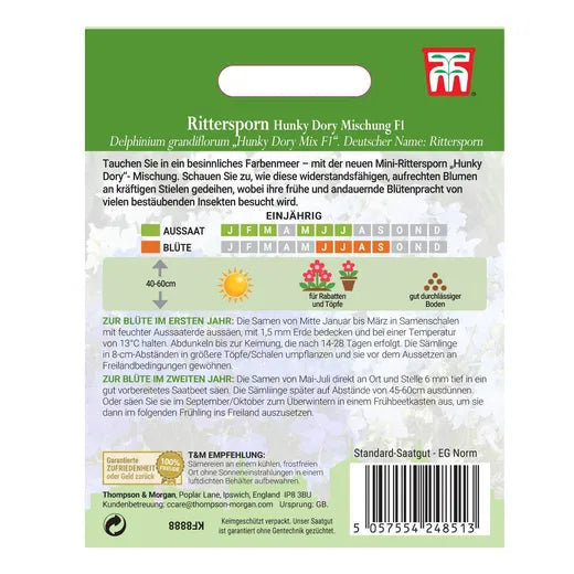 Rückseite der Thompson&Morgan Rittersporn 'Hunky Dory Mix' F1 Samenpackung: zeigt Delphinium grandiflorum F1 Hybride Details, Pflanz- und Blütezeit, Pflegetipps, Icons, Barcode und deutsche Beschreibung auf grün und weiß.