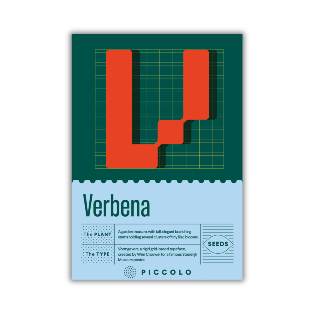 Das Design der Samenpackung für Piccolo Seeds – V – Eisenkraut zeigt ein kräftiges rotes „V“ auf einem grünen Raster, hebt die Stängeln dieses Gartenschatzes hervor, enthält Schriftartdetails und zeigt unten das Piccolo Seeds-Branding.