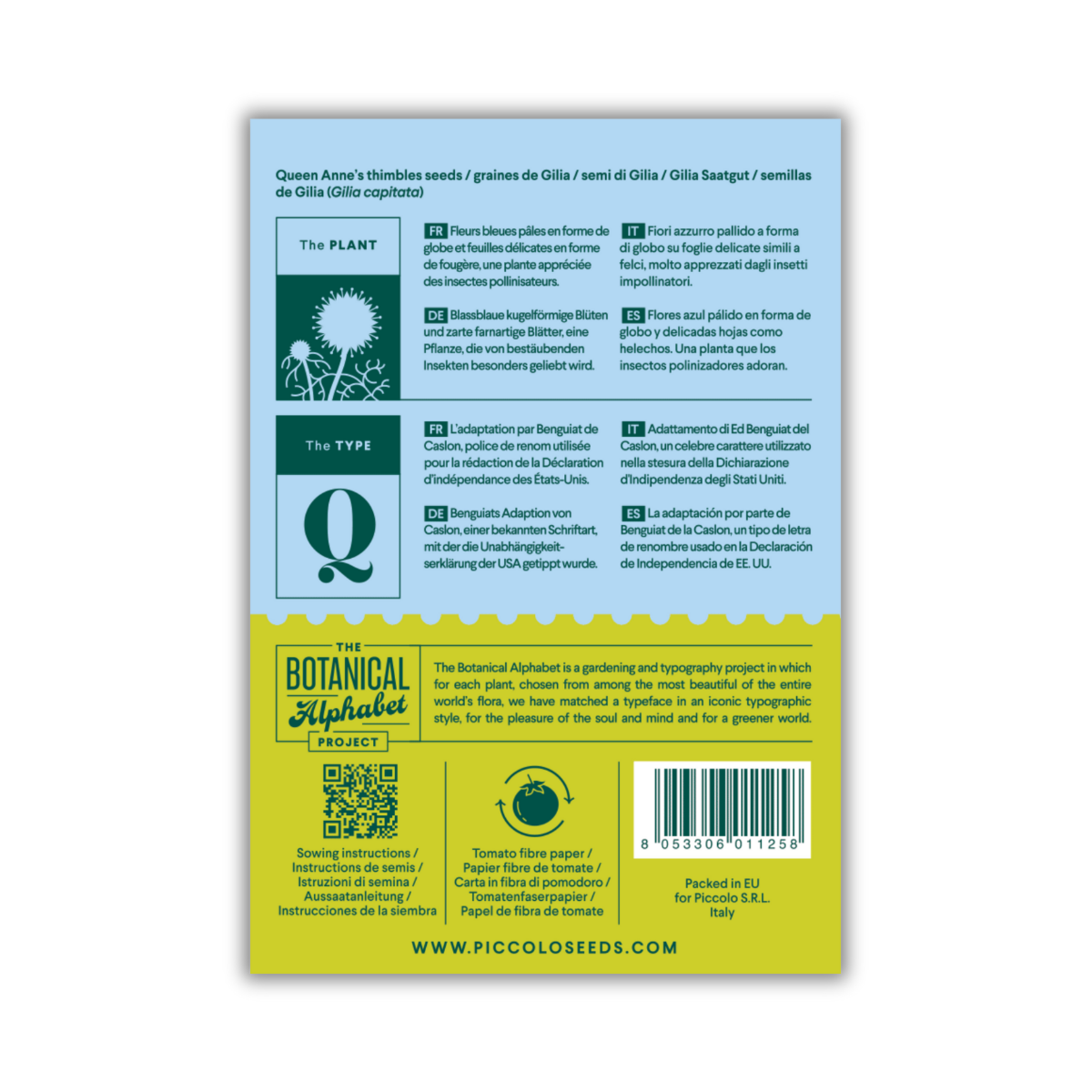 Rückseite einer Packung „Q – Die Fingerhut von Königin Anne“ von Piccolo Seeds mit Informationen zu Pflanzenart, Botanik und Pflege auf Englisch, Italienisch und Spanisch. Hellblaue Blüten ziehen Bestäuber an. Gelb-grünes Bodendesign; Barcode rechts.