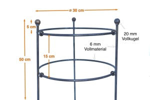 Der Hase und Hirsch Rüben-Staudenhalter hat einen 30 cm langen Doppelring, eine Höhe von 50 cm und ist aus stabilem 6 mm starkem Material gefertigt - eine ideale Rankhilfe für Ihre Gartenpflanzen.