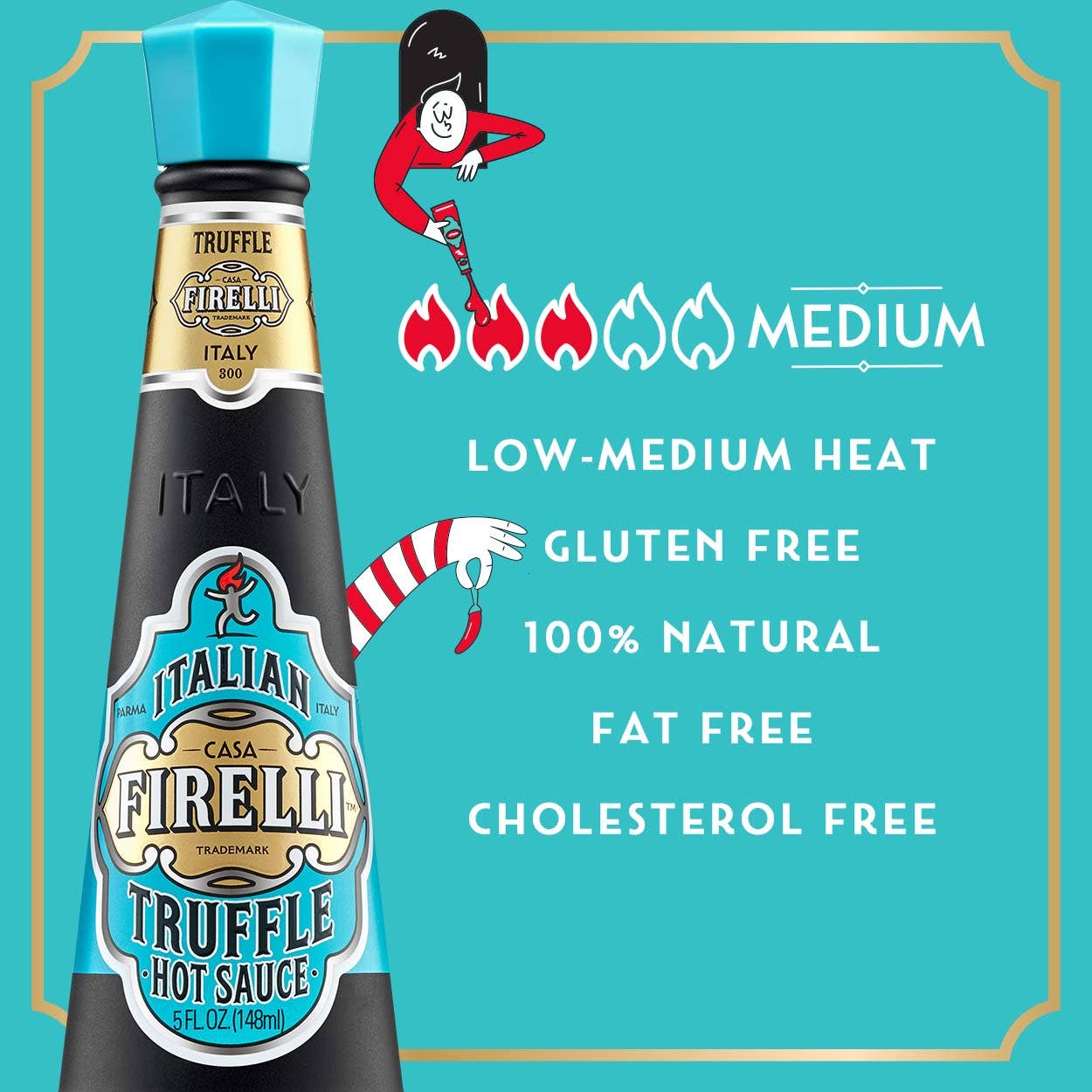 Eine Flasche Firelli - Casa Firelli Scharfe Sauce mit italienischen Trüffeln (148ml) steht bei mittlerer Schärfe. Text-Highlights: geringe bis mittlere Schärfe, glutenfrei, 100 % natürlich, fettfrei & cholesterinfrei. Cartoon zeigt 3 von 5 Flammen.