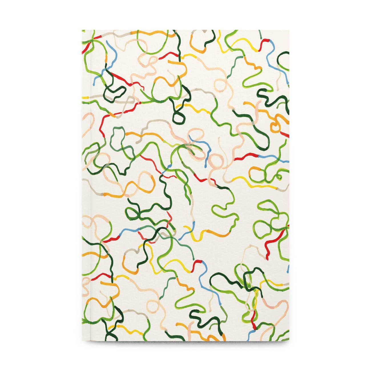 Das Petit Gramme - Großes Spiralbuch von Petit Gramme hat einen weißen Einband mit einem abstrakten, verspielten Muster aus Wellenlinien in Grün, Rot, Gelb, Orange und Blau.