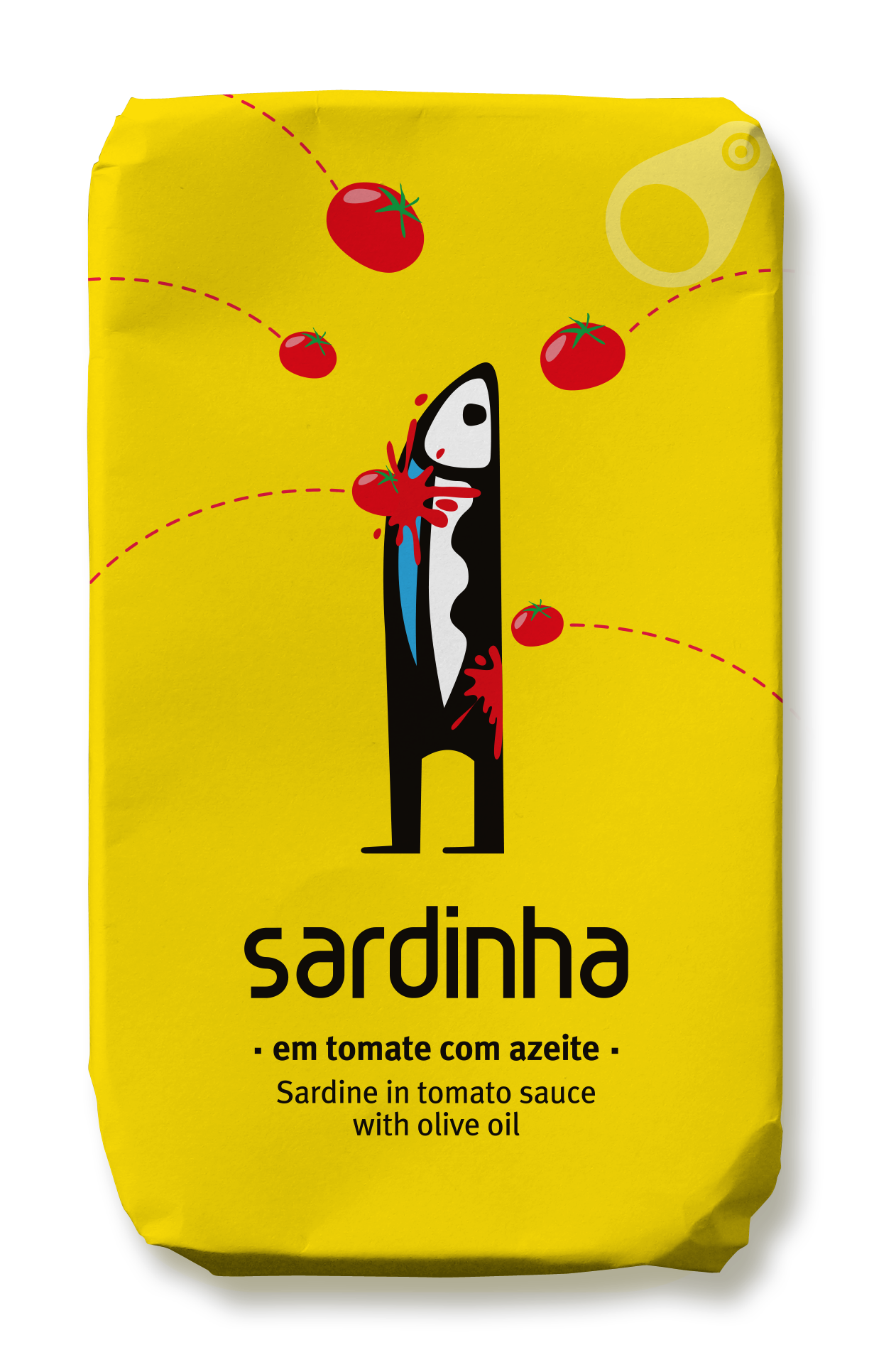 Auf einer gelben Sardinha-Dose sind schwarze Sardinen, rote Tomatensauce und fliegende Tomaten abgebildet. Text: Sardinha - Sardinen in Tomate - reich an Proteinen und Omega 3. Marke: Sardinha.
