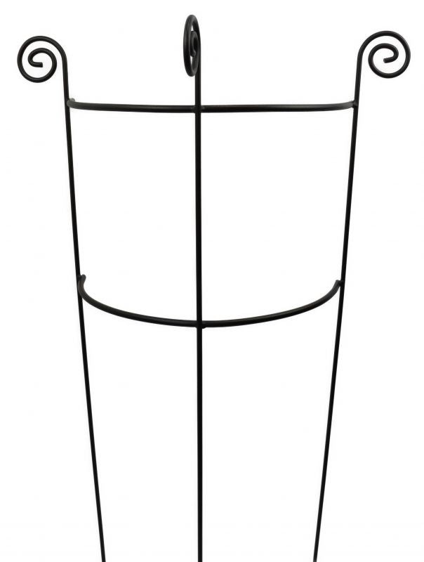 Der Königliche Gartenakademie 4x Staudenhalter HUGO halbrund ist ein schwarzer Metall-Pflanzenständer mit gebogenem Oberteil und dekorativen Spiralenden, ideal zum Stützen von Kletterpflanzen.
