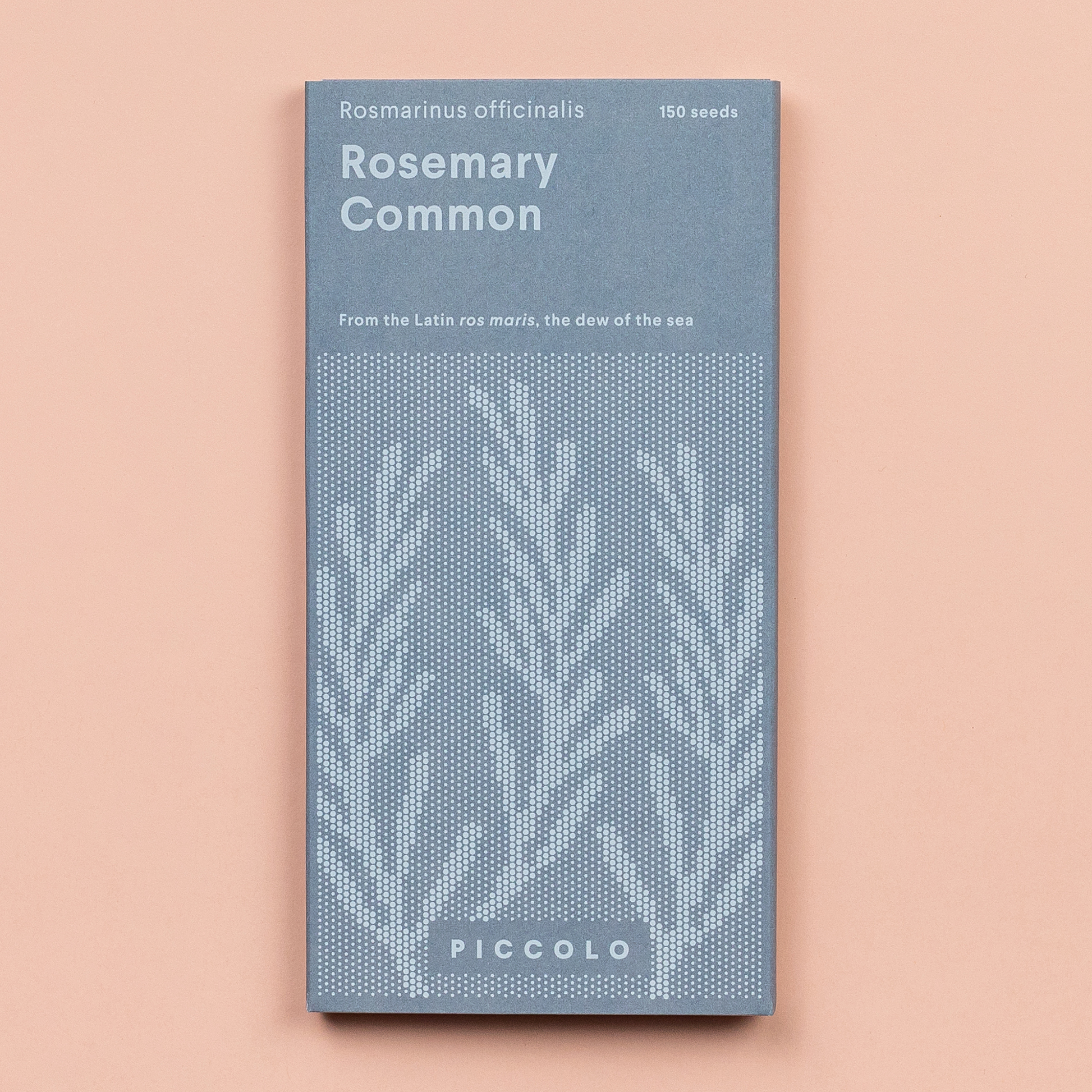 Eine blaue Packung Piccolo Seeds - Rosmarin Common von Piccolo Seeds zeigt gepunktete Rosmarinzweige, den Schriftzug "Kraut der Freundschaft" und weist auf seine mediterrane Kochtradition hin. Enthält Rosmarinus officinalis und 150 Samen auf einem pfirsichfarbenen Hintergrund.