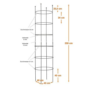 Schema des Ranksäule Obelisken SUSANNE von Hirsch: aus Rundeisen, 230 cm hoch, mit 5 Ringen (40 cm Durchmesser, 34 cm Abstand), Ringstärken 6 mm und 10 mm.