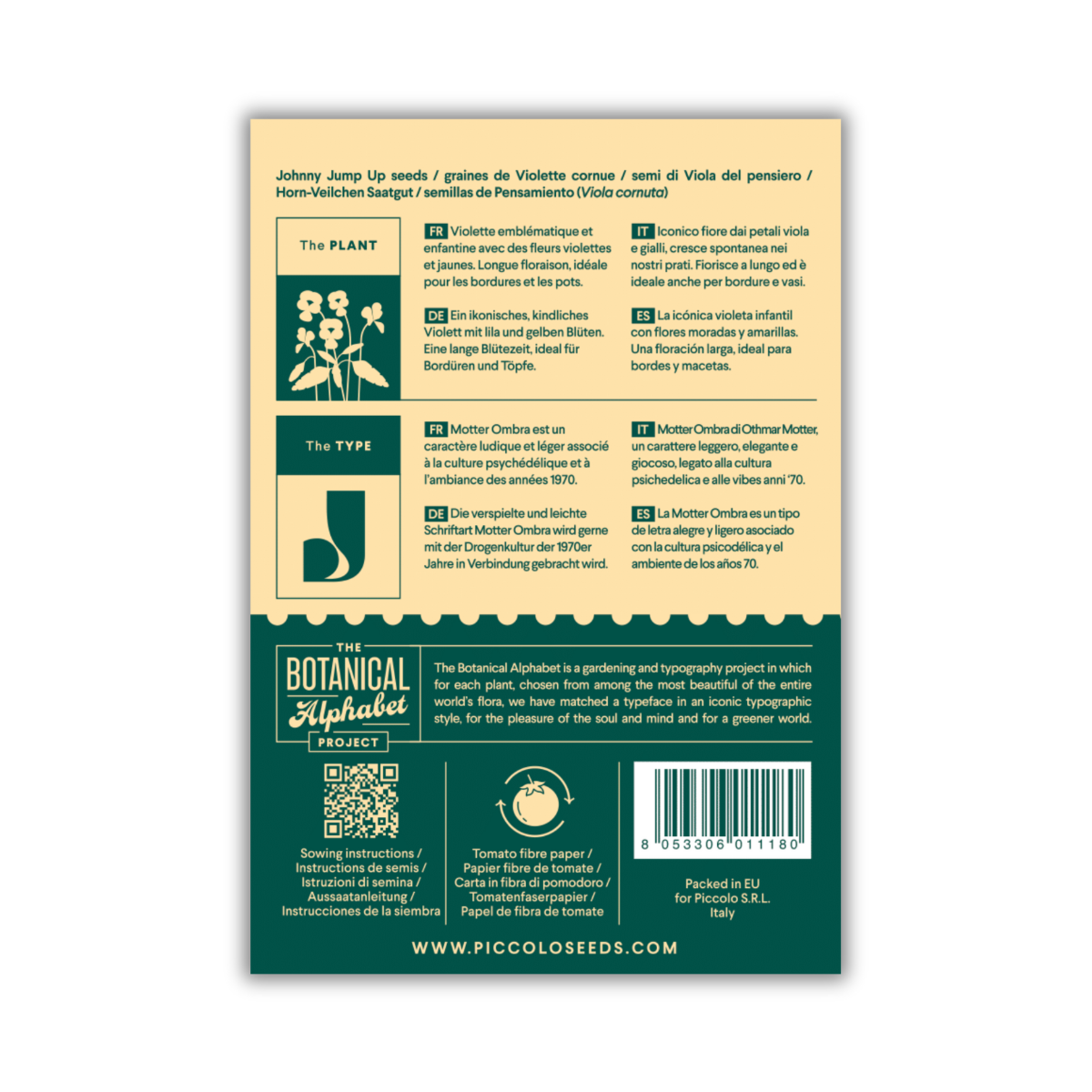Die Rückseite der Packung „Piccolo Seeds – J – Johnny Spring Hoch“ enthält mehrsprachige Pflanzhinweise, Pflanzeninformationen zu Viola cornuta mit violetten Blüten, eine Projektbeschreibung zum Botanischen Alphabet, eine Website, Symbole und einen Barcode (unten rechts) in Grün/Gelb/Weiß.