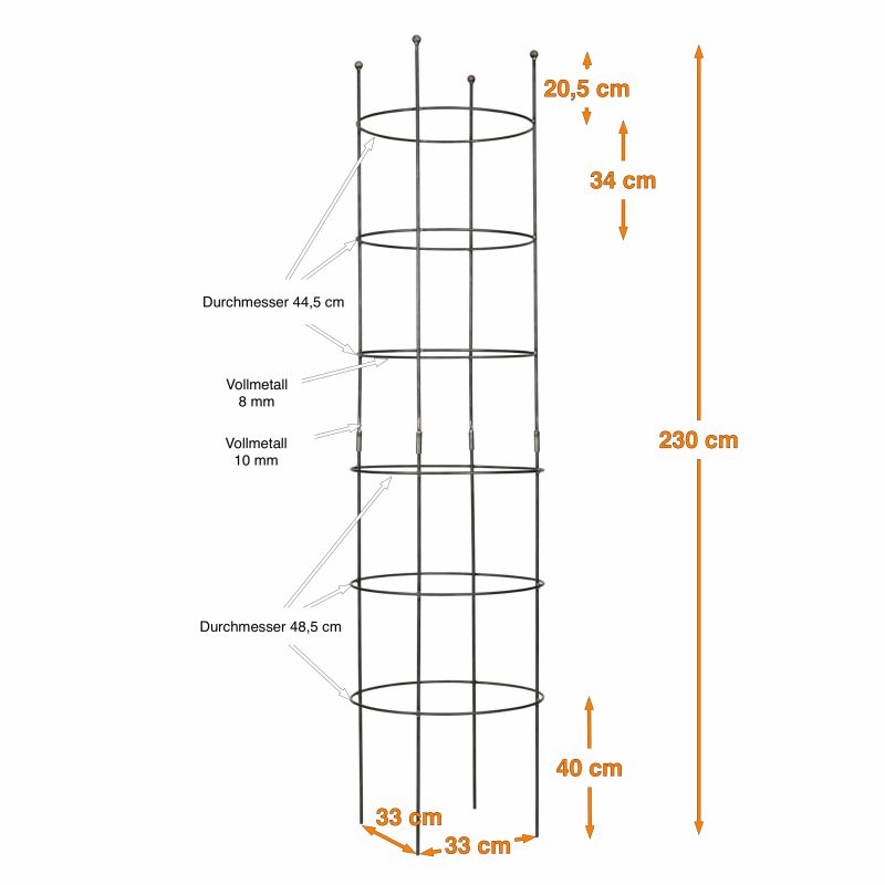 Schema des Hirsch Ranksäule Obelisk SUSANNE Pflanzenständers mit einem hohen Rahmen aus runden Stahlstäben, beschriftet mit den Maßen: 230 cm Höhe, 33 cm Basisbreite, 40 cm untere Ringhöhe, 34 cm oberer Teil und Stabdurchmesser von 8 mm & 10 mm.