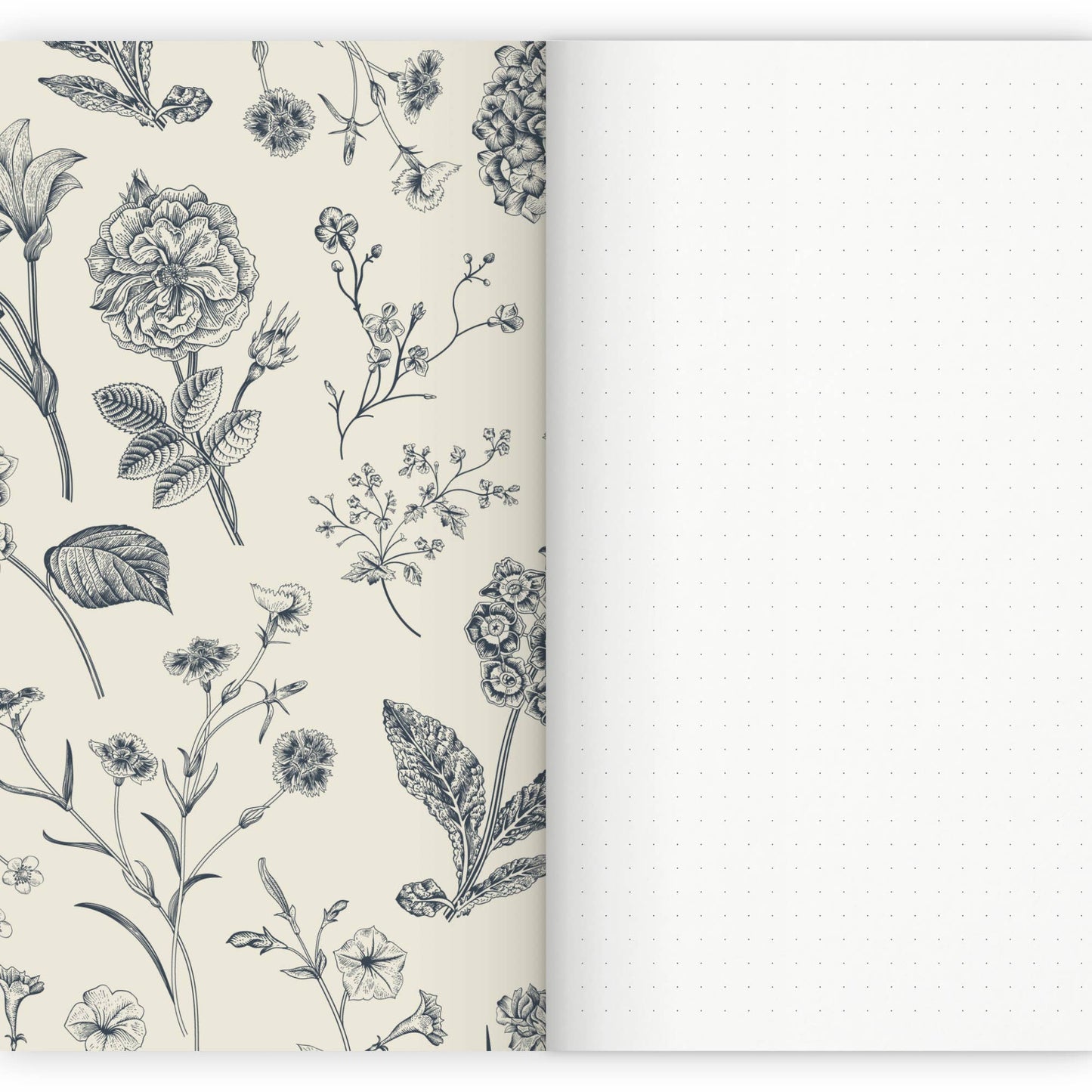 Das etmamu - Notizheft Flowers A5 zeigt links detailreiche schwarz-weiße Blumenillustrationen und rechts eine dezente Punktraster-Seite – handgefertigt in Deutschland von etmamu.