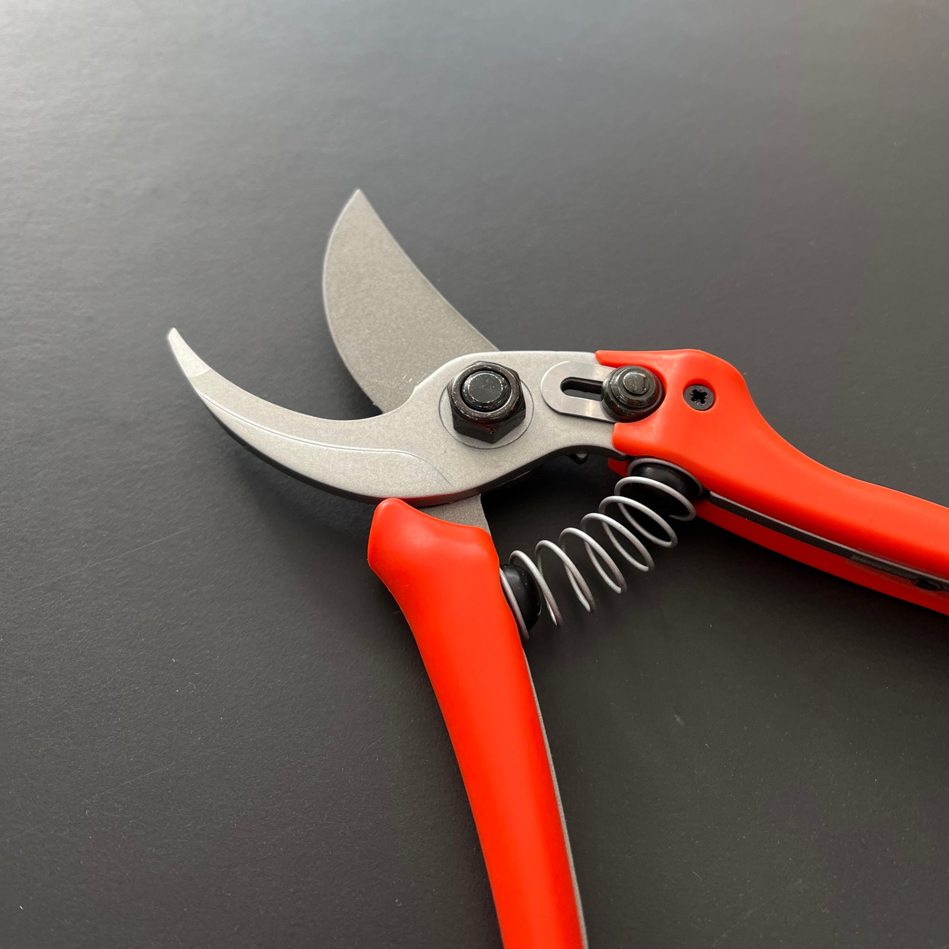 Die Löwe Original Löwe 14 - Economic Clean Cut Gartenschere verfügt über rote Griffe, eine Metallklinge und einen Federmechanismus – ideal für Gartenarbeit – dargestellt auf einer mattschwarzen Oberfläche.