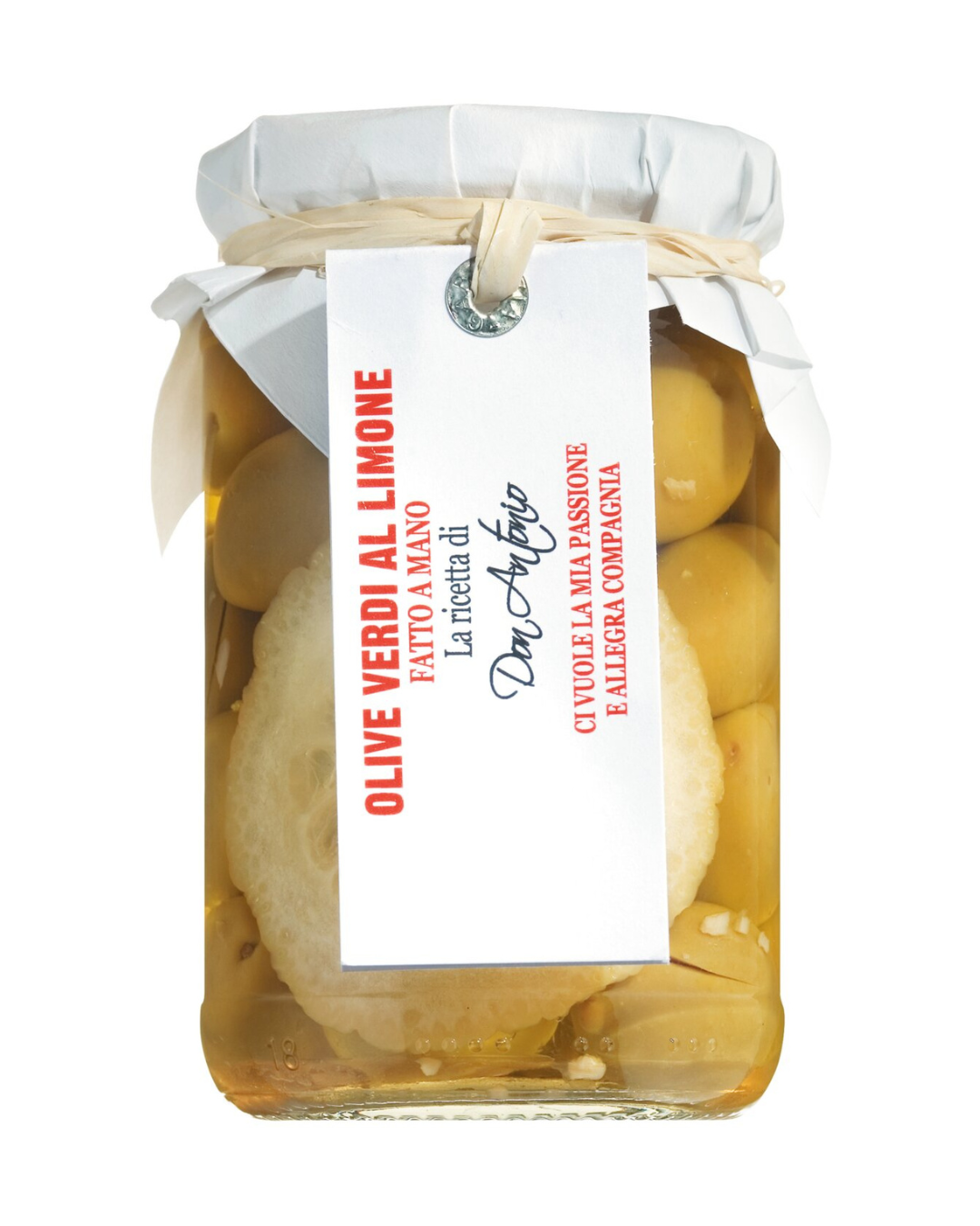 Ein Glas mit Don Antonio | Grüne Oliven mit Zitrone aus den Abruzzen 280 g, in Flüssigkeit, mit weißem Papierdeckel und Schnur. Das italienische Etikett lautet Olive Verdi al Limone; ideal für Antipasti, mit einer Notiz angebracht.