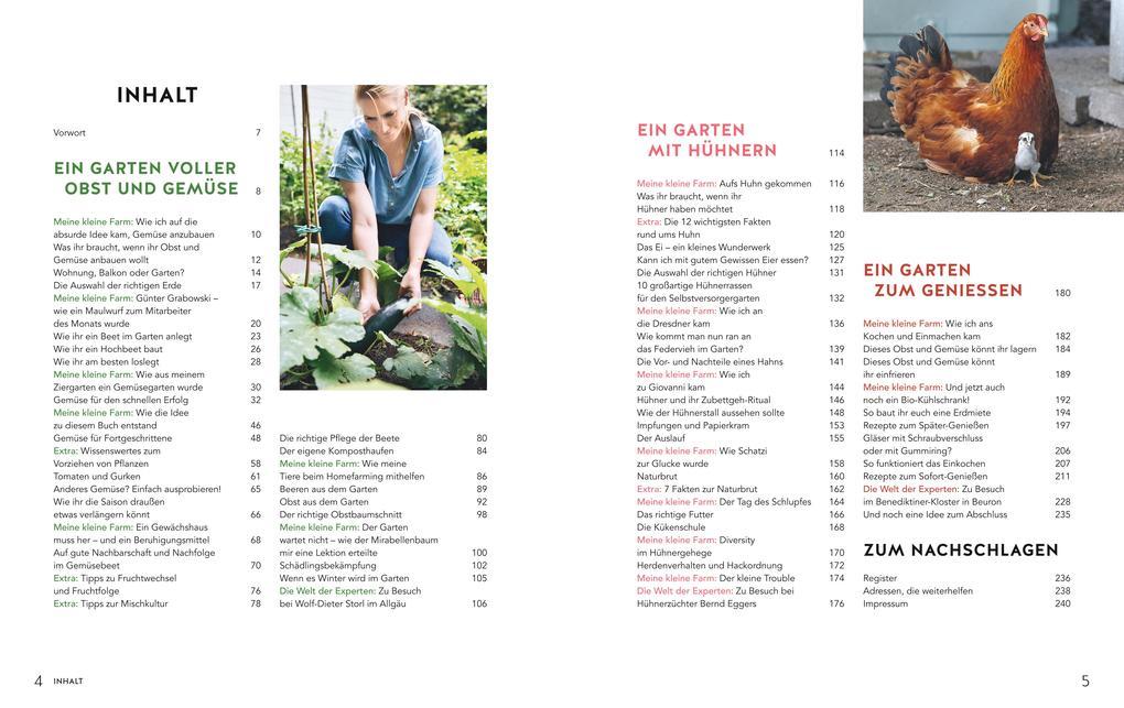 Auf der rechten Seite von „Homefarming“ des Gräfe & Unzer Verlags ist ein Inhaltsverzeichnis mit Kapiteln zu Obst- und Gemüseanbau, Selbstversorgung, Hühnerhaltung und Gartenfreude zu sehen, dazu Fotos einer Gärtnerin und eines Huhns.