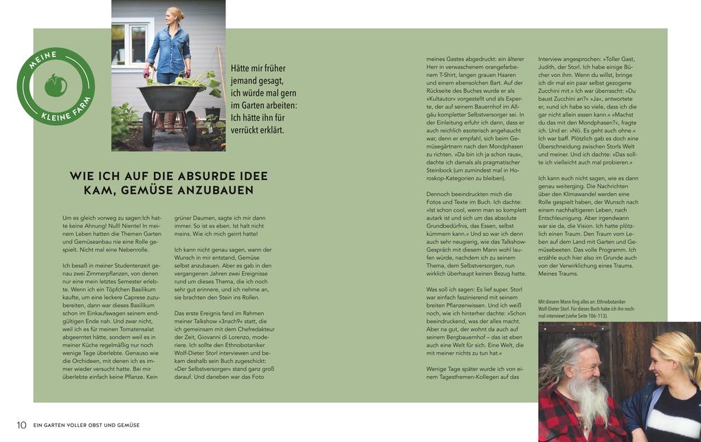 Eine Magazinstrecke für Homefarming des Gräfe & Unzer Verlags zeigt eine Frau draußen mit einem Tablett voller Pflanzen, während ein älterer Mann und ein junger Gartenneuling lächelnd zusammensitzen; der Rest der Seite ist mit Begleittext gefüllt.