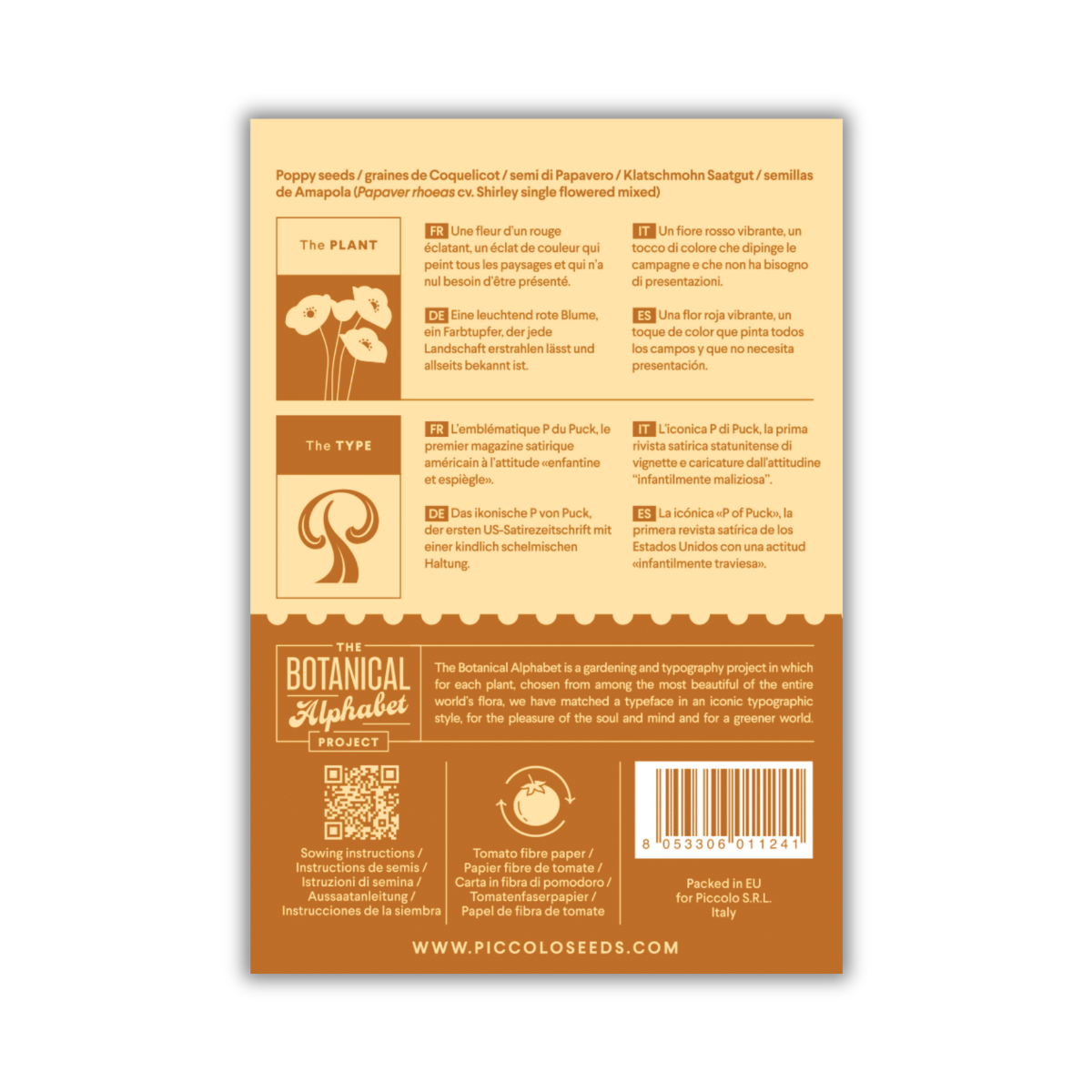 Rückseite der Piccolo Seeds – P – Mohnblumenpackung mit Informationen auf Englisch, Französisch, Deutsch und Spanisch, Symbolen, Pflanzhinweisen, Strichcode und Piccolo Seeds-Branding – vorgestellt vom Puck Magazin.