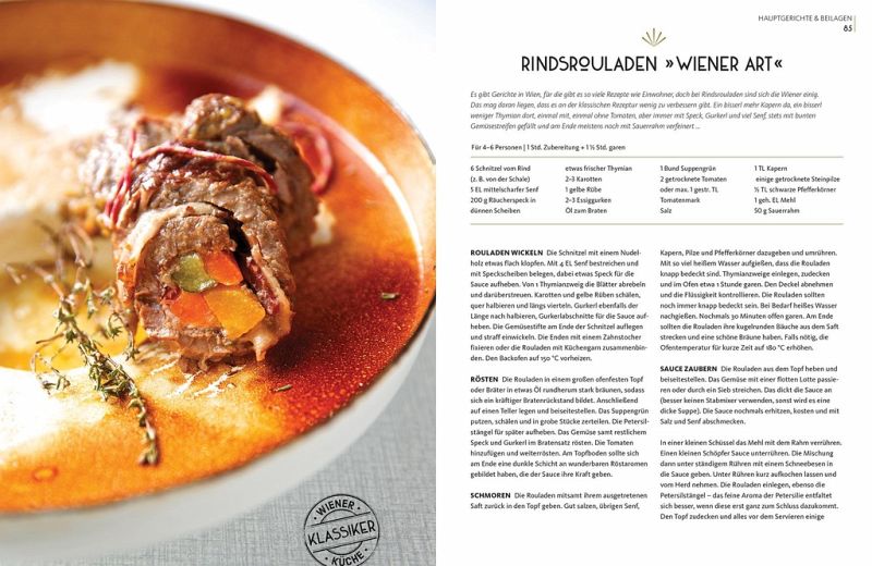 Rindsrouladen mit Gemüsefüllung in brauner Soße, garniert mit Thymian - eine Spezialität aus der "Wiener Küche" des DK Verlags. Ein Rezept für "Rindsrouladen Wiener Art" auf Deutsch finden Sie rechts.