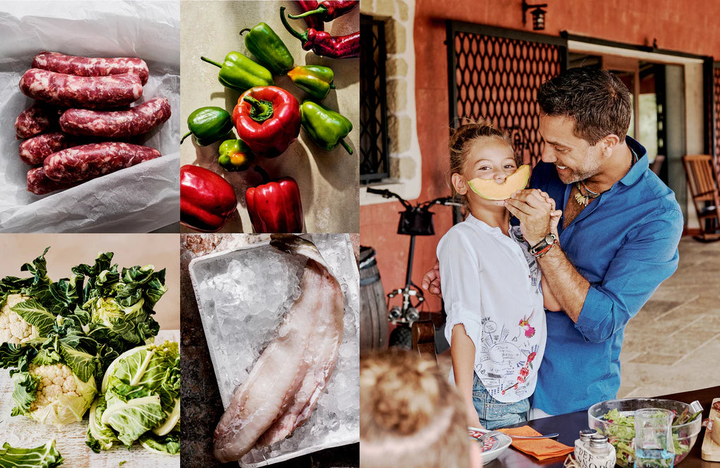 Eine Collage zeigt Rohwürste, bunte Paprika, frisches Grün und einen Mann, der ein lächelndes Mädchen mit Melone füttert - die perfekte Inspiration für Familiengerichte oder Rezepte aus Ginos italienische Küche vom Hölker Verlag.