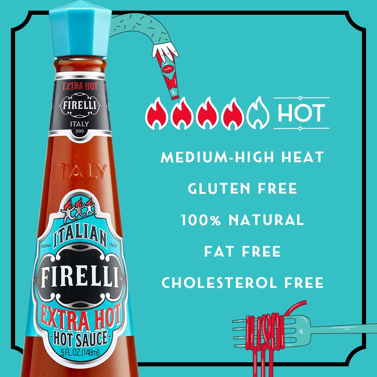 Die Firelli - Casa Firelli Extra scharfe italienische Sauce in der 148 ml Glasflasche steht vor türkisfarbenem Hintergrund. Icons und Text zeigen: mittlerer Schärfegrad, glutenfrei, 100% natürlich, fett- und cholesterinfrei.