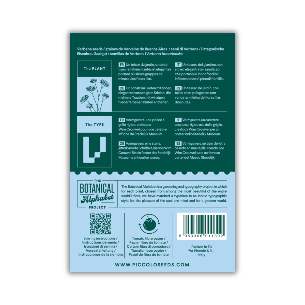 Rückseite der Piccolo Seeds - V - Eisenkraut-Packung mit Abbildungen, Pflanzinformationen und Details zum Botanischen Alphabet-Projekt in Englisch, Deutsch, Französisch und Italienisch. Entdecken Sie diesen Gartenschatz. Barcode und QR-Code unten. Marke: Piccolo Seeds.