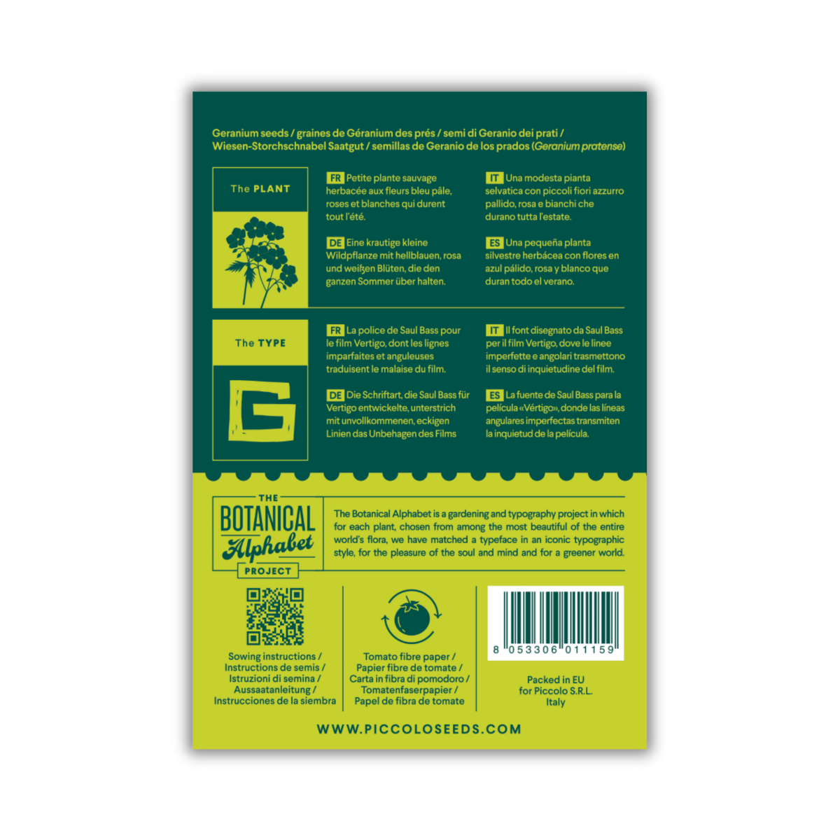 Rückseite einer Piccolo Seeds - G - Geranie-Packung von Piccolo Seeds mit Informationen über diese Wildblume auf Englisch, Französisch und Deutsch, mit botanischen Details, Pflanztipps, typografischen Designelementen und einem Strichcode unten rechts.