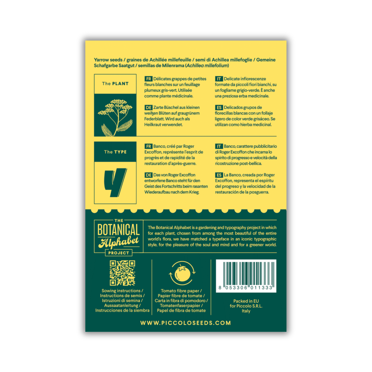 Rückseite der Piccolo Seeds - Y - Schafgarbe Packung von Piccolo Seeds mit Achillea millefolium Informationen auf Englisch, Deutsch und Französisch. Enthält Pflanzentyp/Projektsymbole, Barcode, QR-Code, Heilkraut-Details und Unternehmensinformationen am unteren Rand.