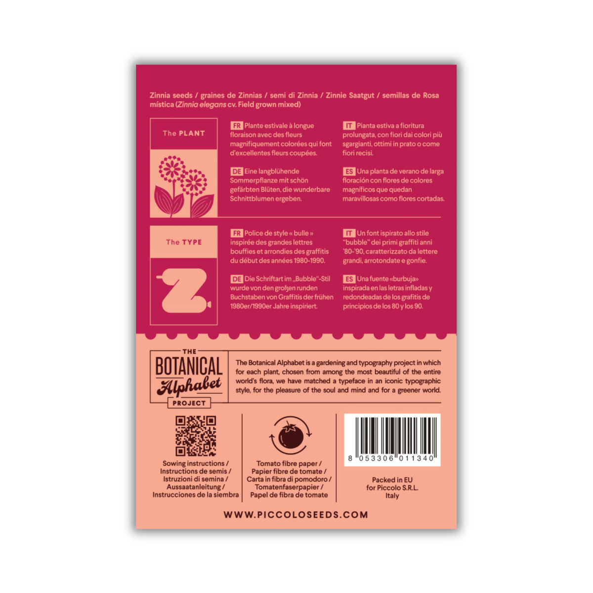 Rückseite einer Packung „Z – Zinnie“ von Piccolo Seeds, eine beliebte Sommerpflanze, ideal als Schnittblume, mit mehrsprachiger Pflanzanleitung, Informationen zum Projekt „Botanisches Alphabet“ und Strichcode an der Unterseite.