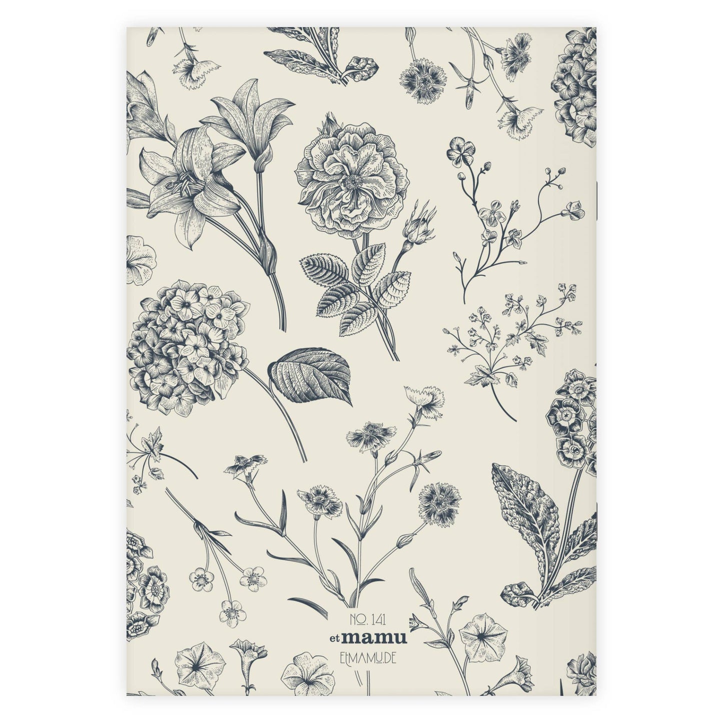 Cremefarbener Hintergrund mit schwarzen Blumenillustrationen in einem verstreuten Muster. Text unten: etmamu - Notizheft Flowers A5, handgefertigt in Deutschland, elegantes DIN A5 Format. Marke: etmamu.