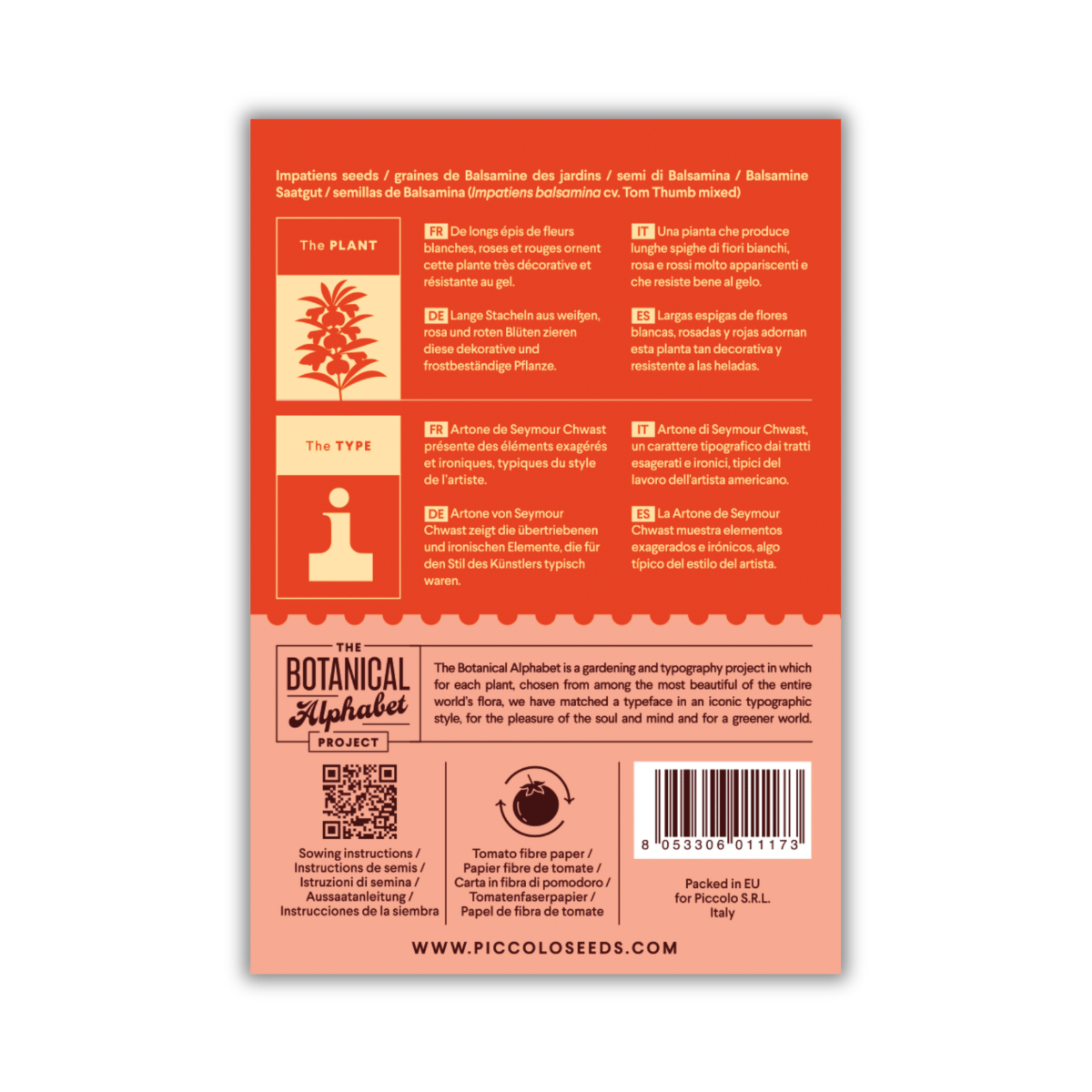 Auf der Rückseite der Packung Piccolo Seeds - I - Impatiens von Piccolo Seeds befinden sich Pflanzanweisungen, Pflanzendetails, mehrsprachiger Text, Barcode, QR-Code, Icons, ein orange-cremefarbenes Farbschema und botanische Illustrationen.