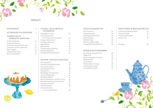 Das Inhaltsverzeichnis von Afternoon TeaTime vom Hölker Verlag enthält farbenfrohe Blumen- und Teeillustrationen – Kuchen, Teekanne und Teetasse – mit deutschem Text, der in einem skurrilen Design englische Rezepte für Sandwiches, Scones, Kuchen, Getränke und Marmeladen auflistet.
