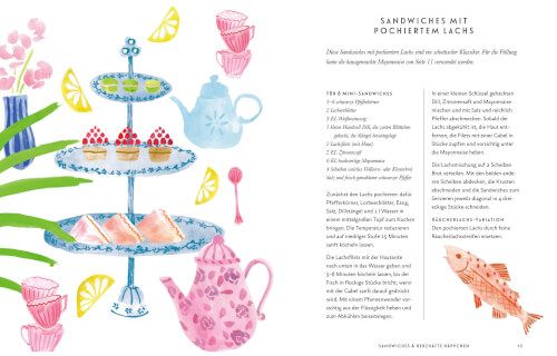 „Afternoon TeaTime“ vom Hölker Verlag zeigt ein Aquarell eines dreistöckigen Tabletts mit Sandwiches, Kuchen, Teekannen und Tassen – ideal für eine authentische Teeparty. Enthält ein deutsches Rezept für Sandwiches mit pochiertem Lachs.