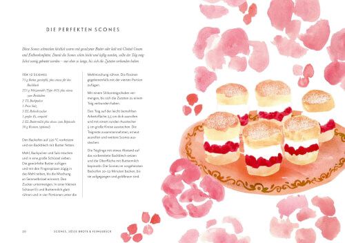 Eine deutsche Rezeptseite für Afternoon TeaTime vom Hölker Verlag, die sechs Scones mit Sahne und Marmelade auf einem dekorierten Teller zeigt, umgeben von rosa Blütenblättern in Aquarell.