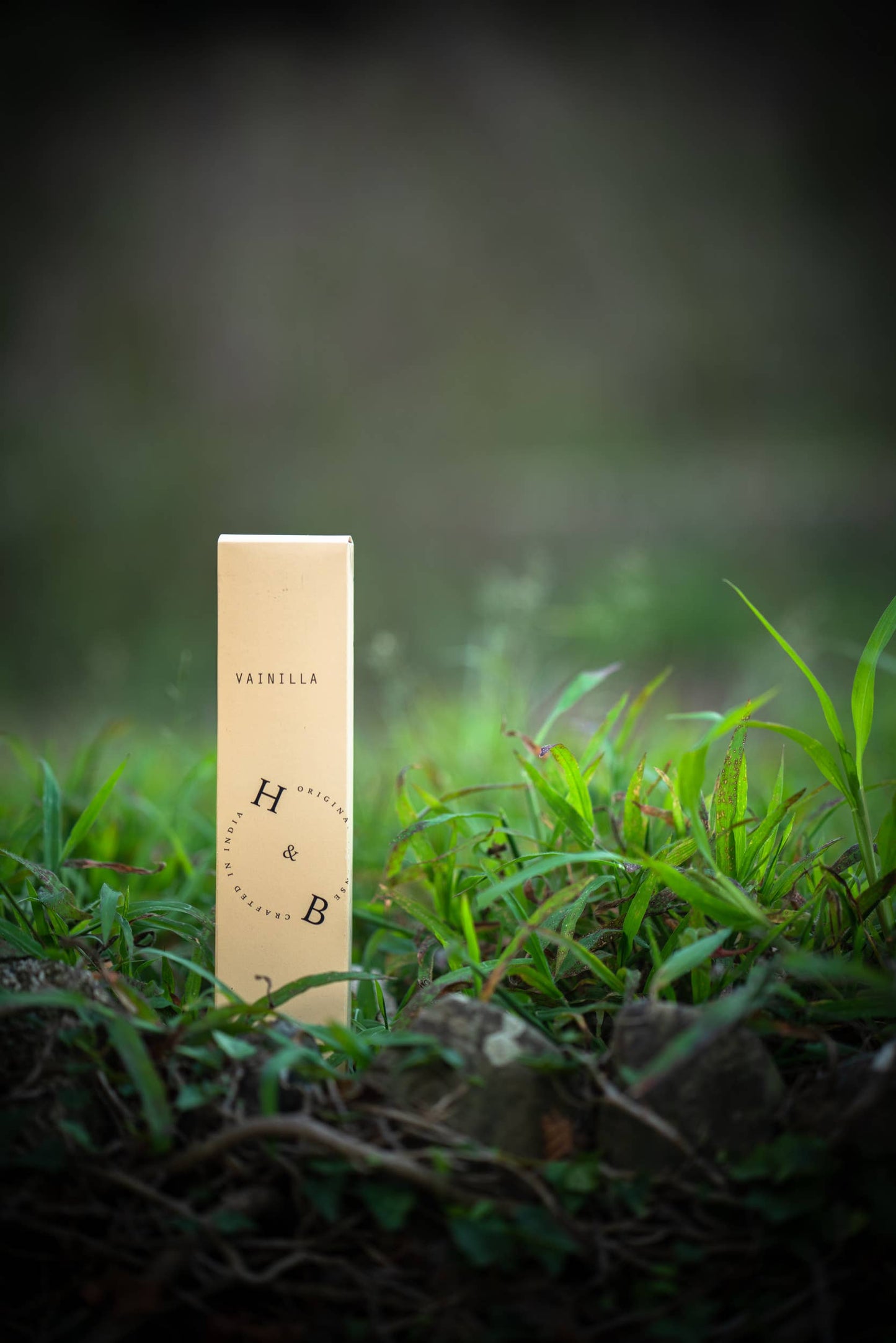 Eine beigefarbene rechteckige Schachtel mit der Aufschrift H&B Weihrauch - Natürlicher Vanille-Weihrauch steht aufrecht im grünen Gras und strahlt mit ihrem natürlichen Aussehen eine beruhigende Stimmung aus. Der weiche, verschwommene Hintergrund schafft eine friedliche Szene für Liebhaber von Vanille-Weihrauch.
