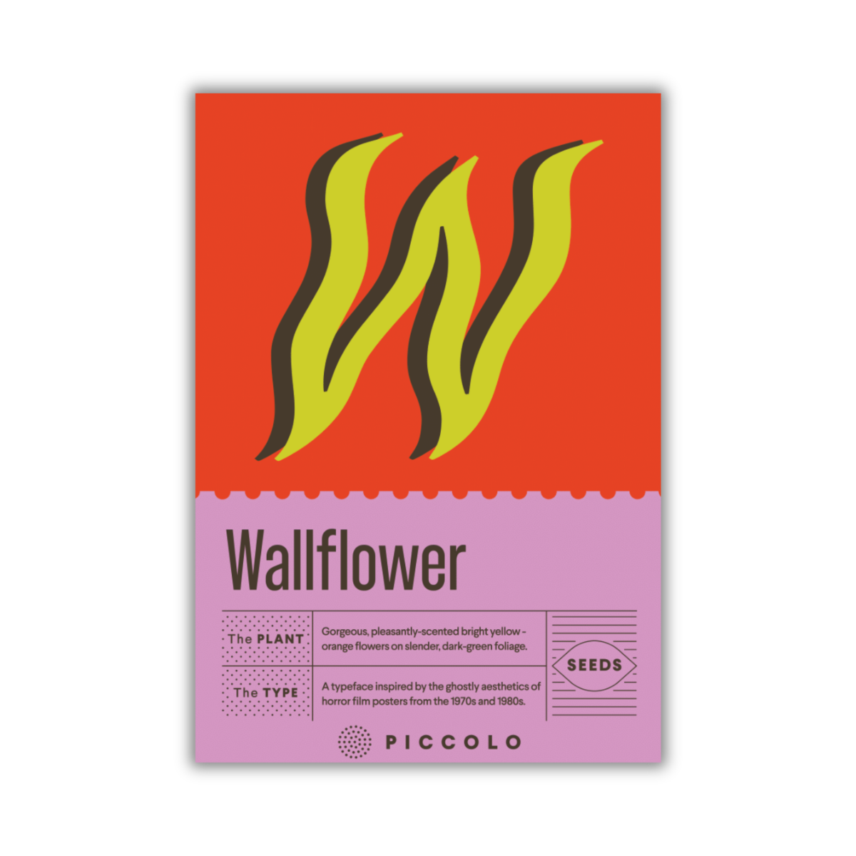 Ein Piccolo Seeds - W - Mauerblümchen Paket von Piccolo Seeds, mit einem gewellten gelben und grünen W auf Orange, mit dem Namen Wallflower (Erysimum cheiri), "duftende Blüten", einem von Horrorfilmplakaten inspirierten Text und einem violetten SEEDS Stempel.