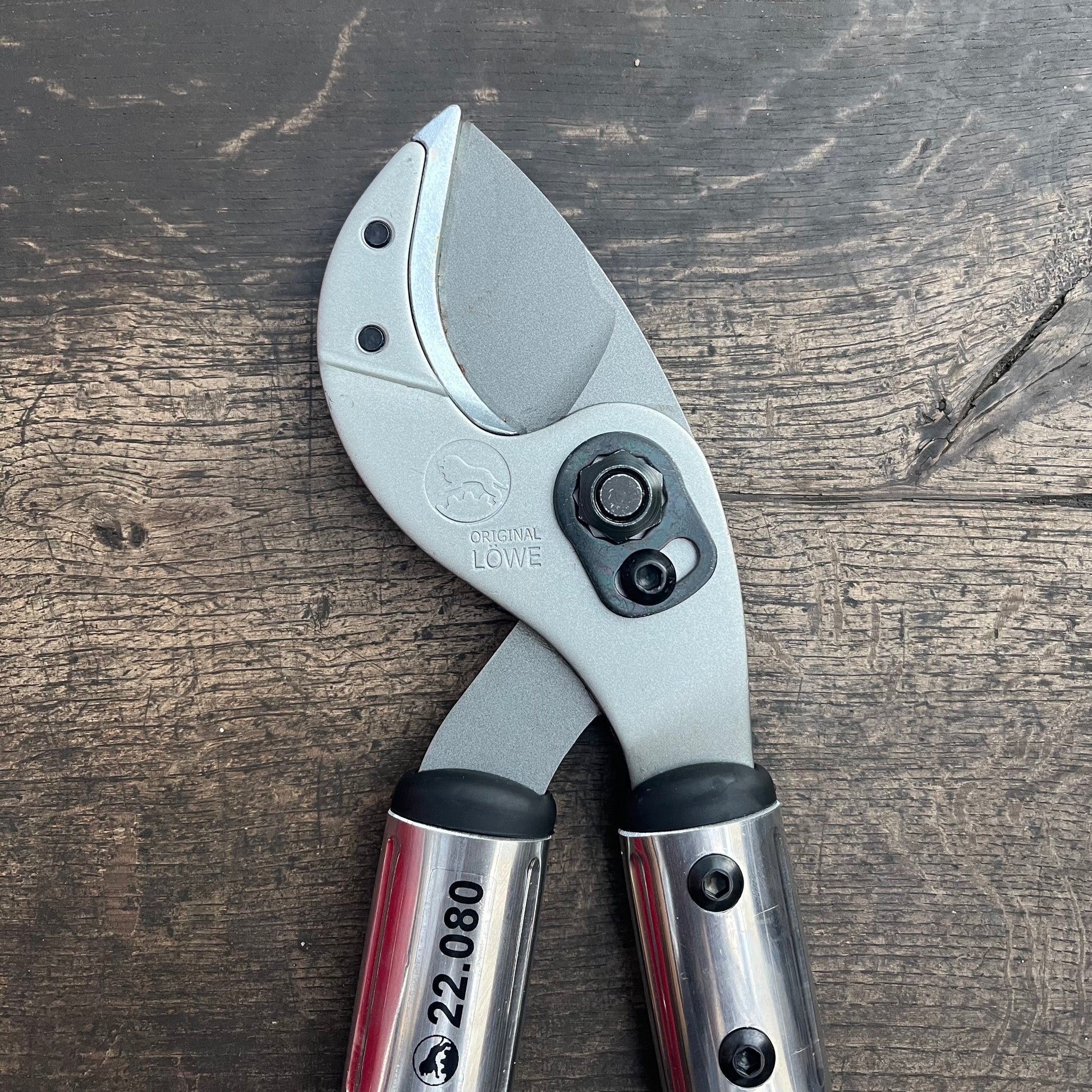 Eine Nahaufnahme der Löwe Astschere - Löwe 22 Länge 80 cm von Löwe mit schwarzen Griffen, die auf strukturiertem Holz ruhen, mit der sichtbaren Modellnummer 22.080, ideal für die professionelle Gartenpflege.