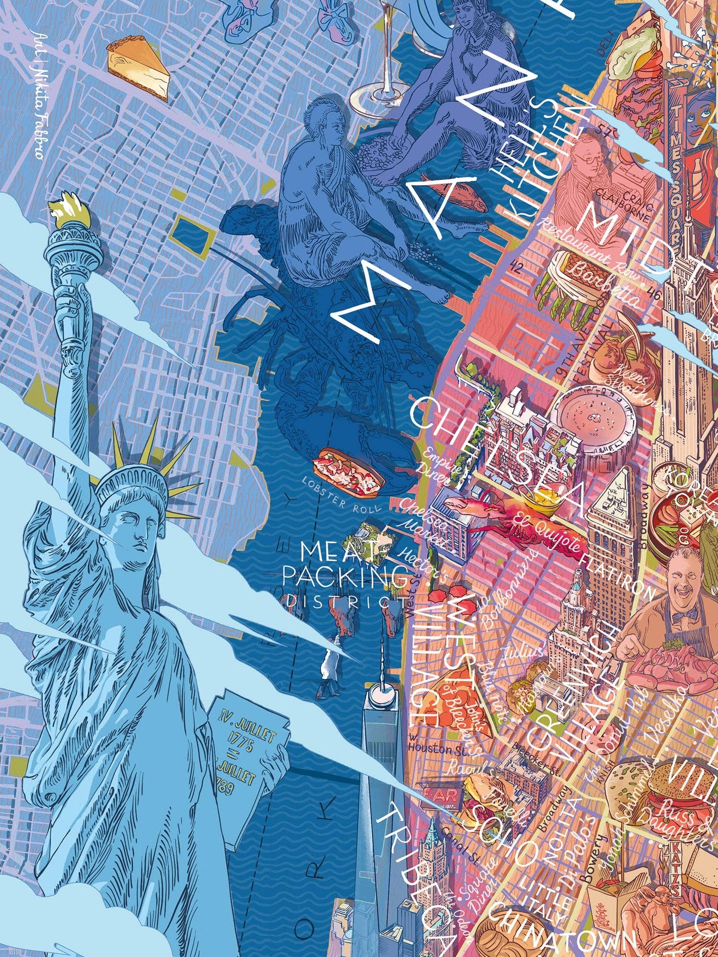 Entdecken Sie das Gourmet-Puzzle von Water & Wines - New York: eine farbenfrohe illustrierte Karte mit der Freiheitsstatue, künstlerischen Wahrzeichen, Stadtvierteln und verspielten handgeschriebenen Etiketten, die das kulinarische Erbe von New York feiern.