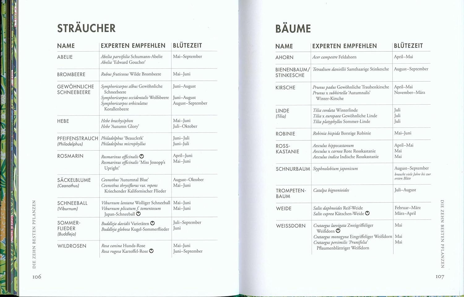 Gerstenberg Verlag - Pflanzen für Honigbienen: Übersicht mit Sträuchern (links) und Bäumen (rechts) auf weißem Grund, inkl.. Name, Experten-Tipps, Blütezeit (Deutsch). Für bienenfreundliche Gartengestaltung mit Fokus auf Honigbienen.