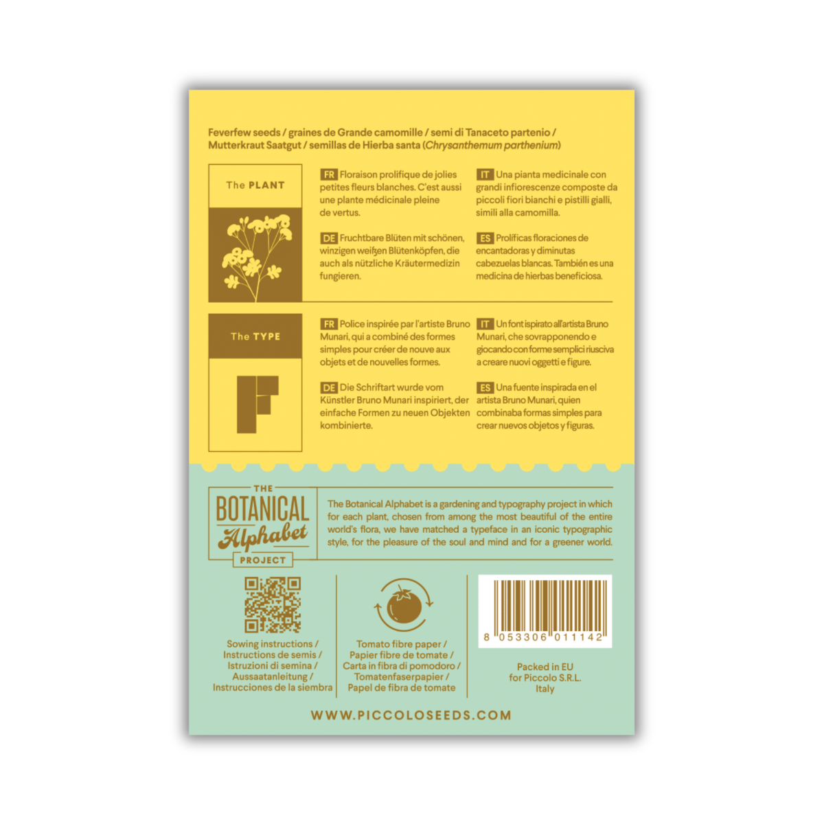 Die Rückseite der Packung „Piccolo Seeds – F – Mutterkraut“ von Piccolo Seeds weist gelbe und türkisfarbene Abschnitte mit Informationen zum Pflanzen, Blütensymbolen, Logos des Botanical Alphabet Project und unten rechts einen Strichcode auf.