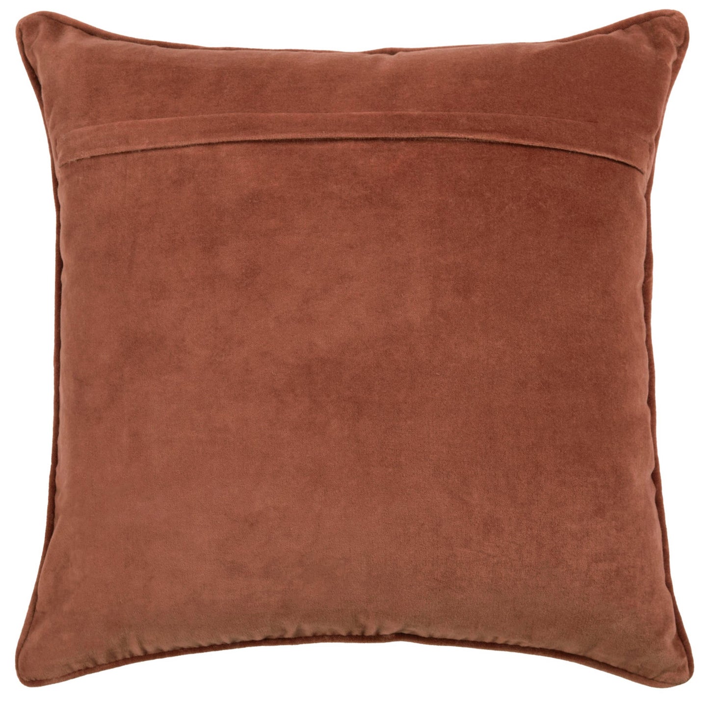 Das Riva Home Bestickte Kissen mit Kräutermotiv Persimone ist ein quadratisches, rostfarbenes Samtkissen von hinten gesehen mit einer horizontalen Naht und einem Umschlagverschluss im oberen Bereich.