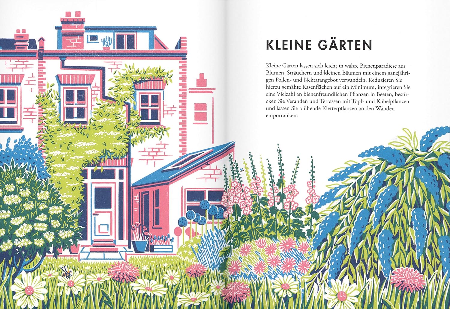 Illustration eines Hauses mit großen Fenstern und einem Garten voller Grünzeug und Blumen. Rechts das Buch "Pflanzen für Honigbienen" aus dem Gerstenberg Verlag über bienenfreundliche Gartengestaltung in deutscher Sprache.