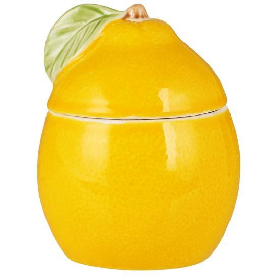 Die IB Laursen Dose mit Deckel | Zitrone ist ein Keramikgefäß mit Deckel, geformt und bemalt wie eine leuchtend gelbe Zitrone mit einem grünen Blatt oben drauf - ideal für die fröhliche Aufbewahrung in der Küche.