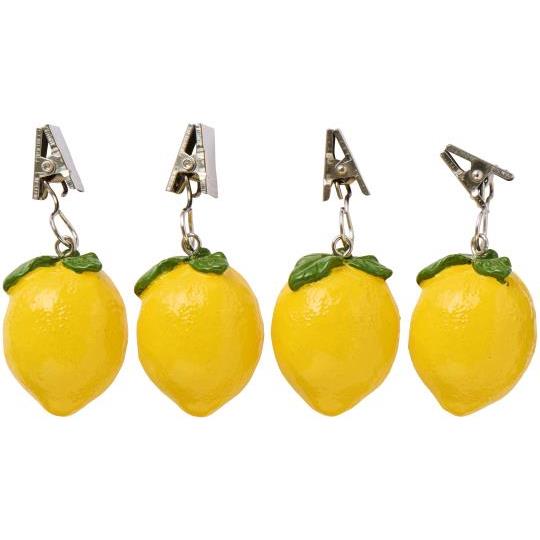 IB Laursen Tischdeckenbeschwerer Schachtel (4 Stück Zitronen) - vier gelbe Zitronen-Gewichte mit grünen Blättern an Metallclips von IB Laursen, ideal als praktische und dekorative Tischdeckengewichte für Ihren Esstisch.