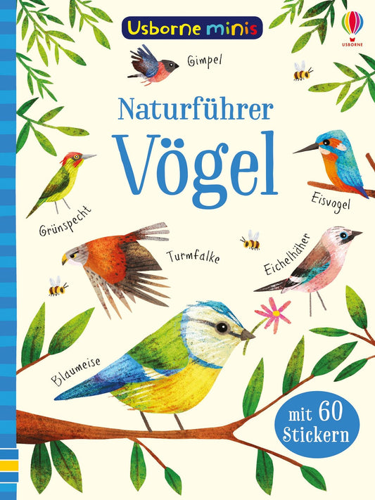Cover von Usborne Minis - Naturführer: Vögel vom dtv Verlag, ein deutsches Kinderminibuch mit bunten Vogelillustrationen (Specht, Eisvogel, Eichelhäher, Blaumeise, Stieglitz) und dem Text "mit 60 Stickern".