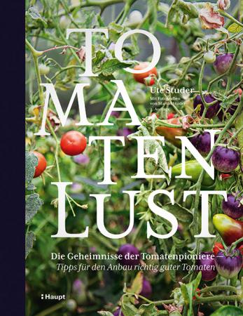 Das Buchcover zeigt reife und unreife Tomaten an verschlungenen Ranken, mit fetter weißer Schrift: "Tomatenlust". Dieser Ratgeber aus dem Haupt Verlag verrät die Geheimnisse der Tomatenpioniere und gibt Tipps zum Anbau und zur Pflege spezieller Tomatensorten.