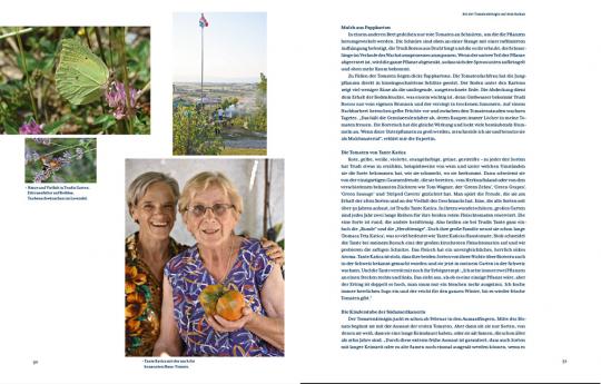 Eine Magazinseite mit Text auf der rechten Seite und vier Fotos auf der linken Seite - ein Schmetterling auf einer Blume, ein Fahnenmast, zwei lächelnde ältere Frauen und eine Frau mit einem kleinen Kürbis -, die möglicherweise Tipps aus Tomatenlust vom Haupt Verlag weitergeben.