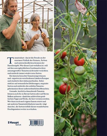 Ein Mann und eine Frau verkosten Tomaten in einem Gewächshaus und diskutieren über Tomatenlust vom Haupt Verlag. Eine Nahaufnahme rechts zeigt reife rote Tomaten an der Rebe. Auf der linken Seite des Bildes erscheint ein deutscher Text.