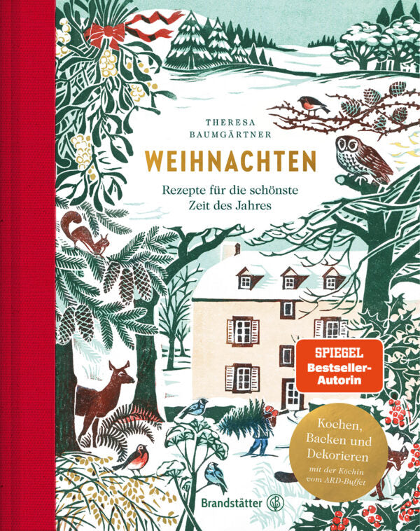 Das Buch "Weihnachten" aus dem Brandstätter Verlag zeigt ein festliches Cover mit einer verschneiten Szene mit Menschen, Bäumen, einem Haus, Lebkuchenbäckerei-Details und klassischer Weihnachtswärme. Auf dem Umschlag befinden sich goldene Preisschilder.