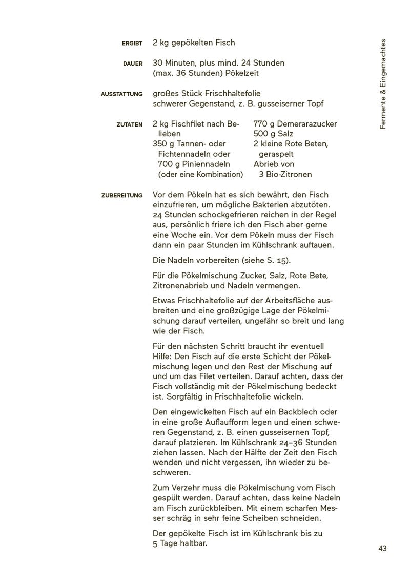 Die deutsche Rezeptseite für "So essen Sie Ihren Weihnachtsbaum" vom Ars Vivendi Verlag enthält eine Anleitung für die Zubereitung von 2 kg Fisch, nachhaltige Kochtipps und Schritte zum Marinieren, Salzen und Aufbewahren in einfacher schwarzer Schrift auf weißem Hintergrund.